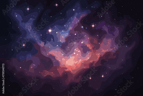 Abstract colorful depiction of a cosmic nebula with swirling shades of purple, blue, and orange, dotted with bright stars against a dark sky.