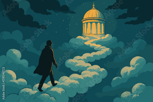 A silhouette of a man in a long coat walking on a cloud path towards a dome lit by moonlight, amidst a starry night sky.
