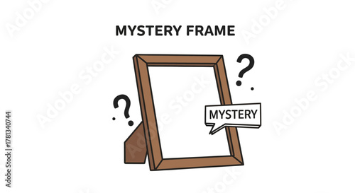 Empty wooden frame with mystery concept and speech bubble on white background