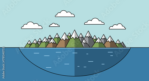 Symmetrical landscape illustration depicting a row of mountains with snow-capped peaks and forested slopes, reflected in a body of water under a partly cloudy sky.