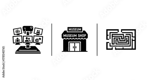 Monochrome museum exhibits: digital experience, shop, and maze icons