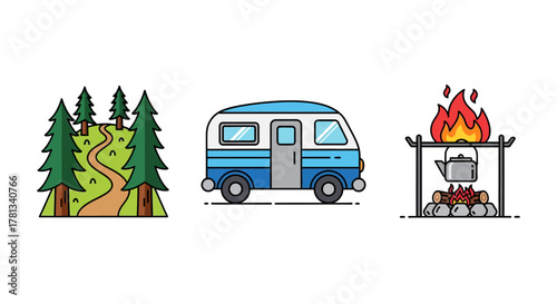 Camping adventure: trail, camper van, and campfire icons in colorful outline style