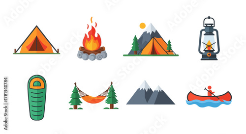 Outdoor adventure icons: camping, hiking, and canoeing essentials set