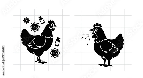 Silhouette chickens with vaccines and viruses on grid background