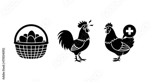 Silhouette rooster and hen with egg basket icon set