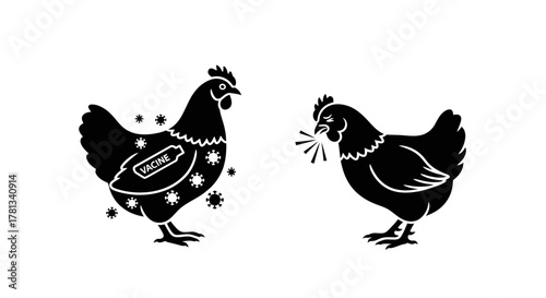 Silhouette chickens with vaccine and virus iconography