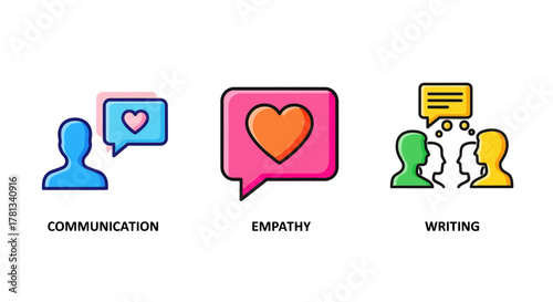 Colorful icons for communication, empathy, and writing skills