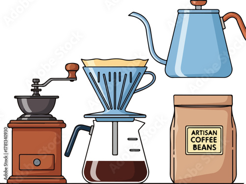 Artisan coffee brewing equipment with grinder pour over kettle and coffee beans.