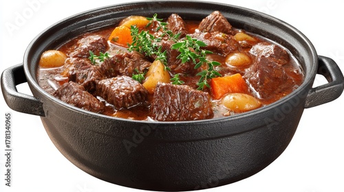 Hearty beef stew with vegetables and herbs in cast iron pot