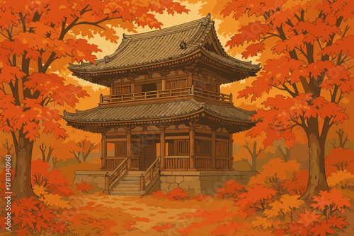 Traditional japanese pagoda surrounded by vibrant autumn foliage, featuring vivid red and orange leaves on trees in a serene forest setting.