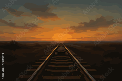 Symmetrical train tracks stretch towards a vibrant orange sunset under a dramatic sky filled with scattered clouds.
