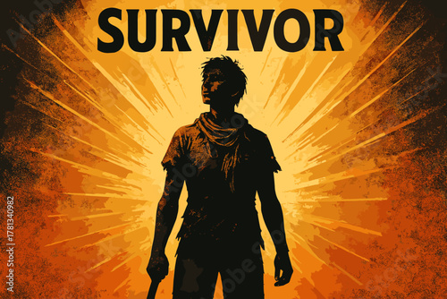 Silhouetted figure of a young caucasian male standing confidently with a rugged appearance against a dramatic orange burst background, highlighting the word "survivor.