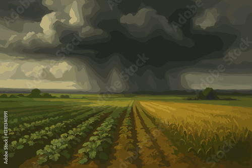 Dark storm clouds loom over a vast, cultivated field with rows of diverse crops, creating a dramatic contrast between nature and impending weather.