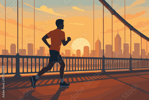 Male runner silhouetted against a sunset skyline, jogging across a bridge with city skyscrapers in the background.