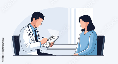 A male adult doctor of caucasian race consults with a female adult patient of asian descent, reviewing medical forms together in a clinical setting.