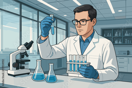 Male scientist in a laboratory, examining a test tube, surrounded by lab equipment, including microscope and flasks. he appears focused and analytical.