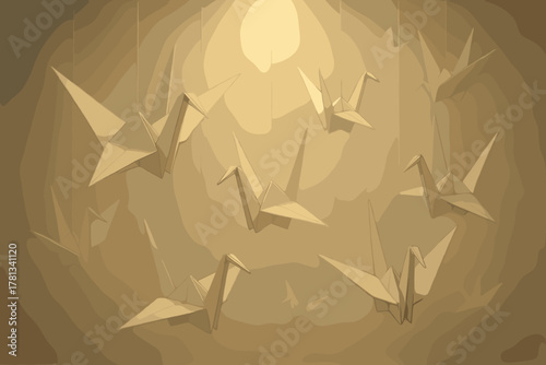 Origami paper cranes suspended in warm ambient light, creating a peaceful and artistic atmosphere.