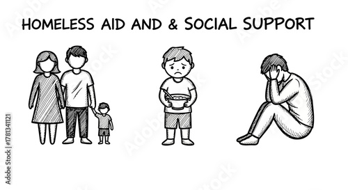 Compassionate support for homeless families in sketch style