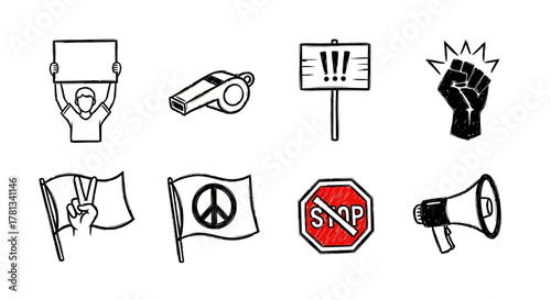 Protest symbols set: empowering icons for activism and social change in doodle art style