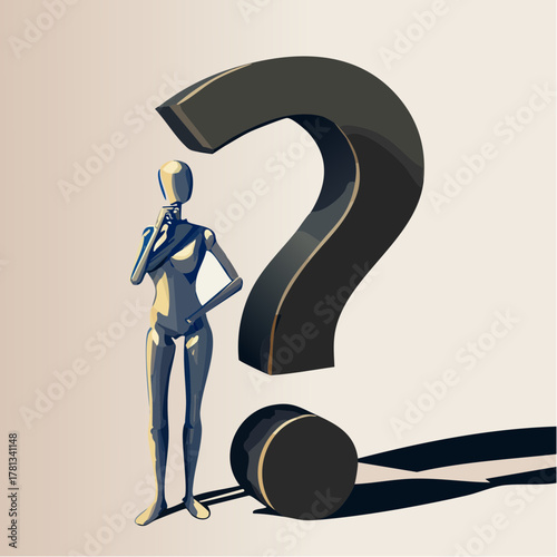 Stylized human figure contemplating a large 3D question mark with a shadow mannequin contemplation