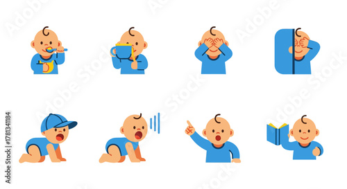 Cute baby expressions and activities in blue outfit set
