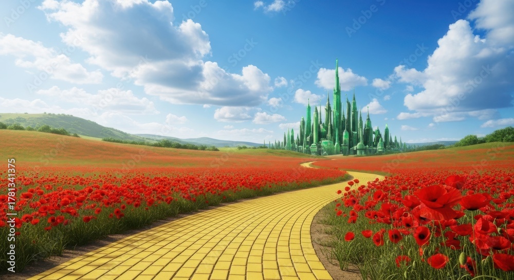 Naklejka premium Emerald city vista with a yellow brick road through a field of poppies