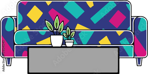 Colorful Sofa with Coffee Table and Potted Plants.