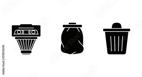 Silhouette icons of waste disposal: bin, bag, and container designs