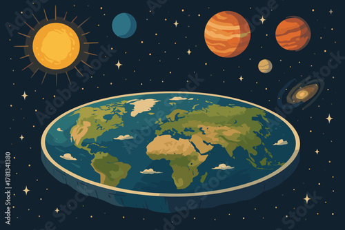 Flat earth model surrounded by various planets and stars in a whimsical space setting, illustrating a concept of an alternative universe.