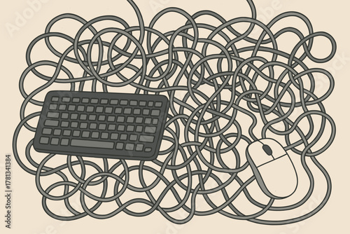 Black computer keyboard and white mouse surrounded by an entangled web of grey cables.
