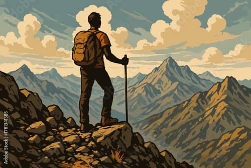 A young caucasian male hiker with a backpack and walking stick stands on a rocky cliff, admiring the expansive mountain range under a partly cloudy sky.