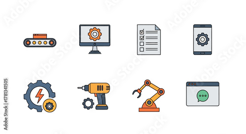 Colorful set of technology and industry icons featuring robotics and machinery
