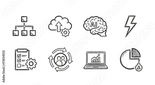 Hand drawn technology icons: ai, cloud, charts, and more