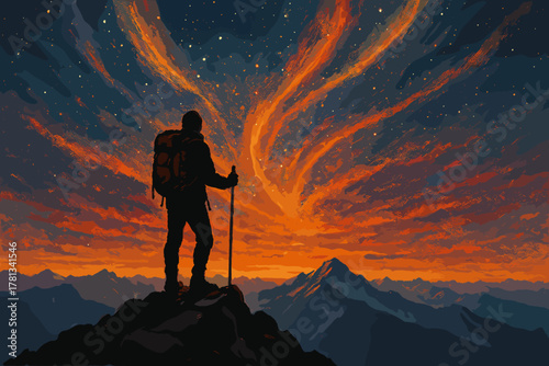 Silhouette of a male hiker with a backpack and trekking pole standing on a mountain, gazing at a vibrant sunset with an orange and blue sky.