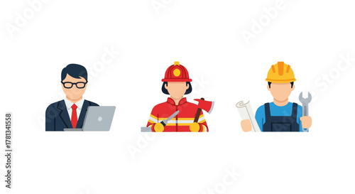 Professional trio: businessman, firefighter, and construction worker icons