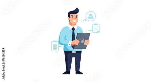 Business professional with tablet and communication icons in a modern flat style