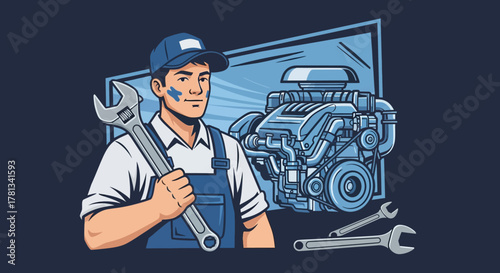 Mechanic holding wrench with engine blueprint in background