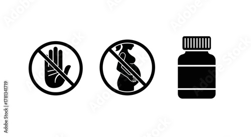Prohibited use warnings: hand, pregnancy, medicine bottle symbols