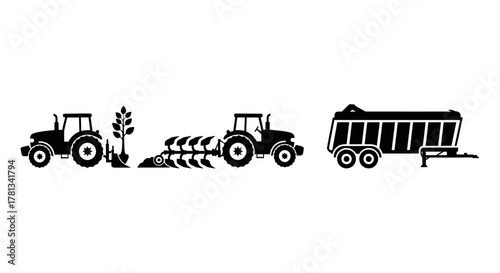 Silhouette farming machinery icons: tractor, plow, and trailer