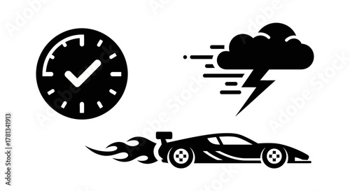 Speed icons: racing car, fast clock, thunderstorm in bold silhouette