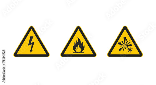 Set of warning signs: electrical hazard, flammable, and explosive danger symbols