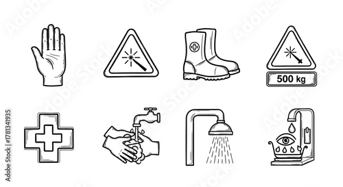 Monochrome safety icons: hand, warning, boots, medical, hygiene, eye wash