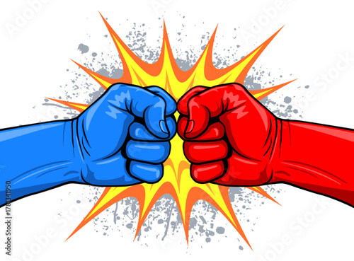 classic red and blue fighting punching fists battle concept side view vector illustration on white background