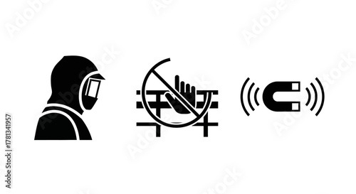 Safety symbols: hazmat suit, do not touch, magnetic warning icons