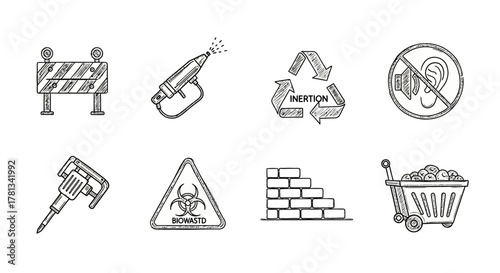 Hand drawn industrial safety and construction icons set