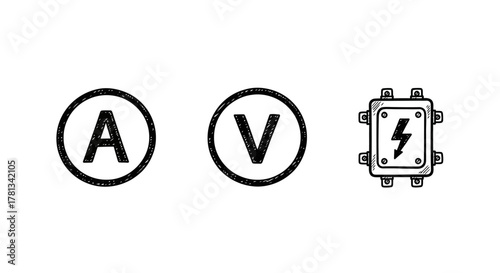 Vintage electrical symbols: monochrome hand-drawn design with voltage icon