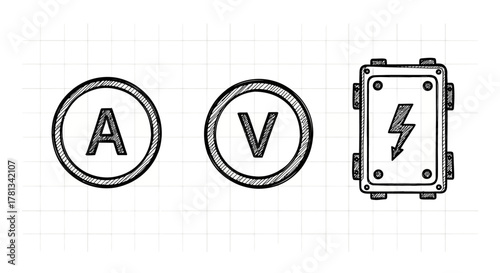 Hand drawn electrical circuit symbols with letters and lightning bolt