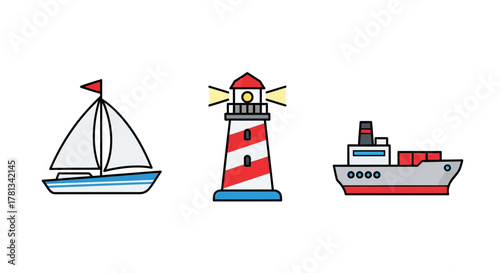 Nautical icons: sailboat, lighthouse, and ship in a simple flat design