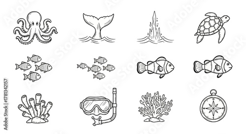 Hand-drawn marine life and ocean exploration icons collection