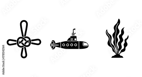 Nautical silhouettes with propeller, submarine, and seaweed